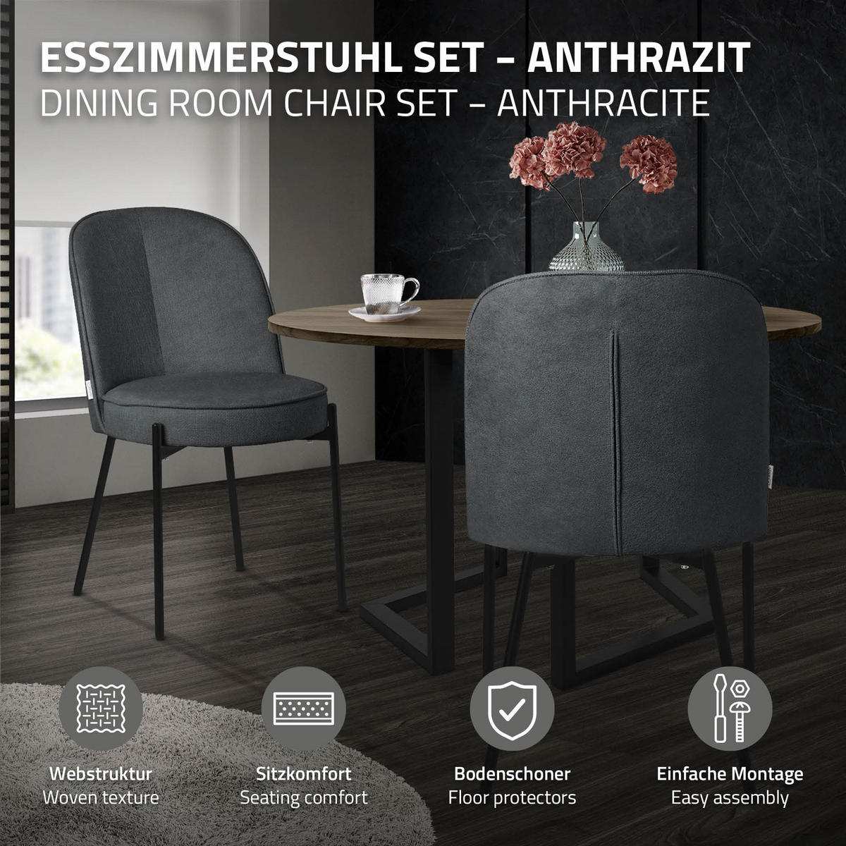 JÍDELNÍ ŽIDLE, sada 2 ks, antracitová, s látkovým potahem - černá/antracitová, kov/textil (50/83/63cm) - ML-DESIGN