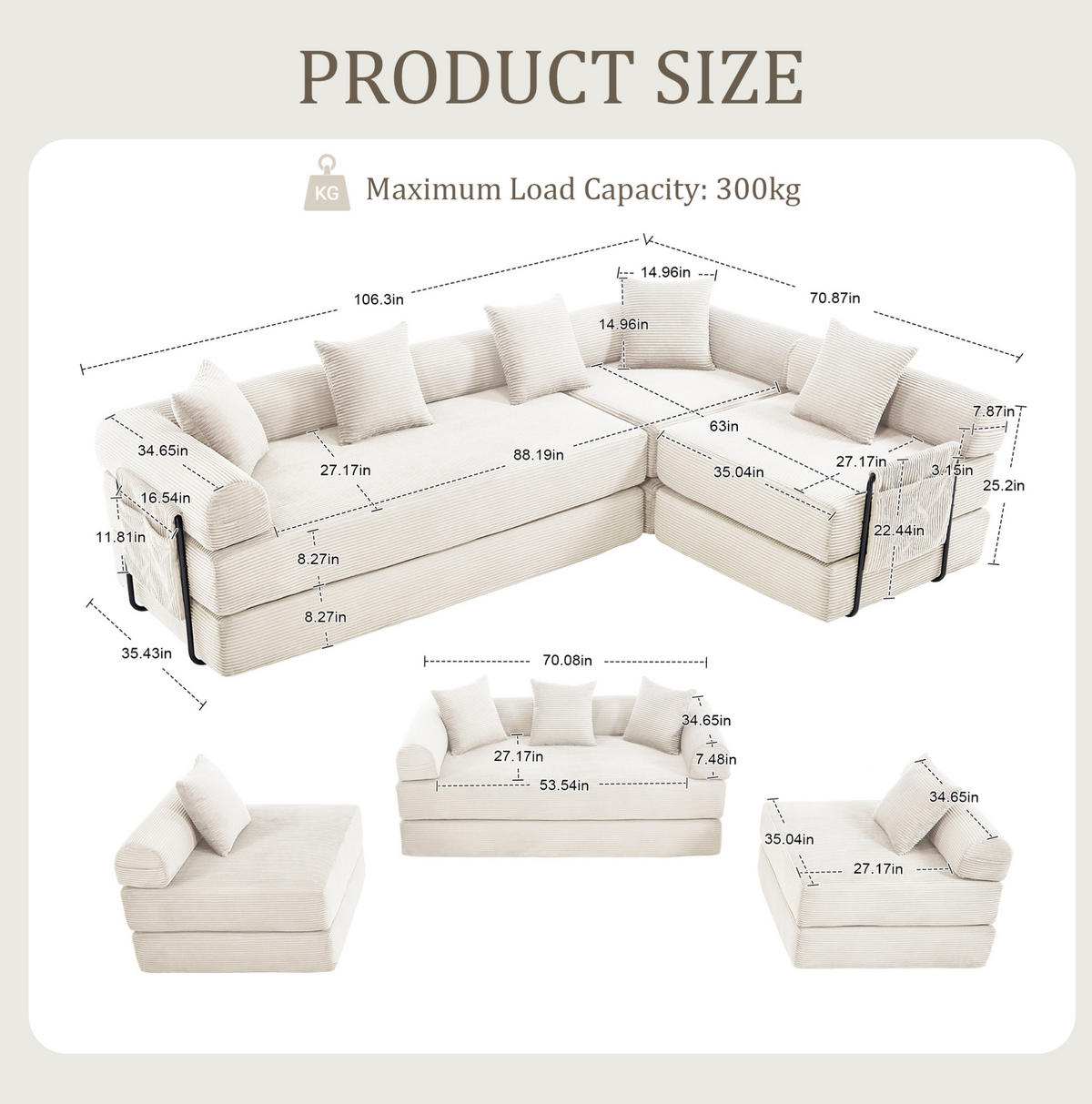 SOFA modular mit Schlaffunktion 270x180 cm Cord Beige - Beige, Kunststoff (180/64/270cm) - Meubliv
