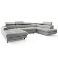 WOHNLANDSCHAFT CORENO Hellgrau Boucle-Stoff mit Schlaffunktion - Hellgrau, Holz (345/88/190cm) - MASSENO