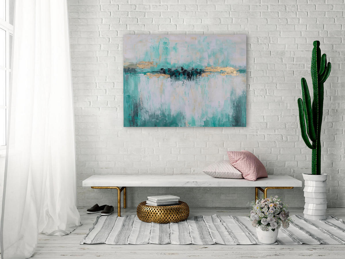 OLEJOMAĽBA 100/75 cm, More a pláž - tyrkysová, drevo/textil (100/75cm) - KUNSTLOFT