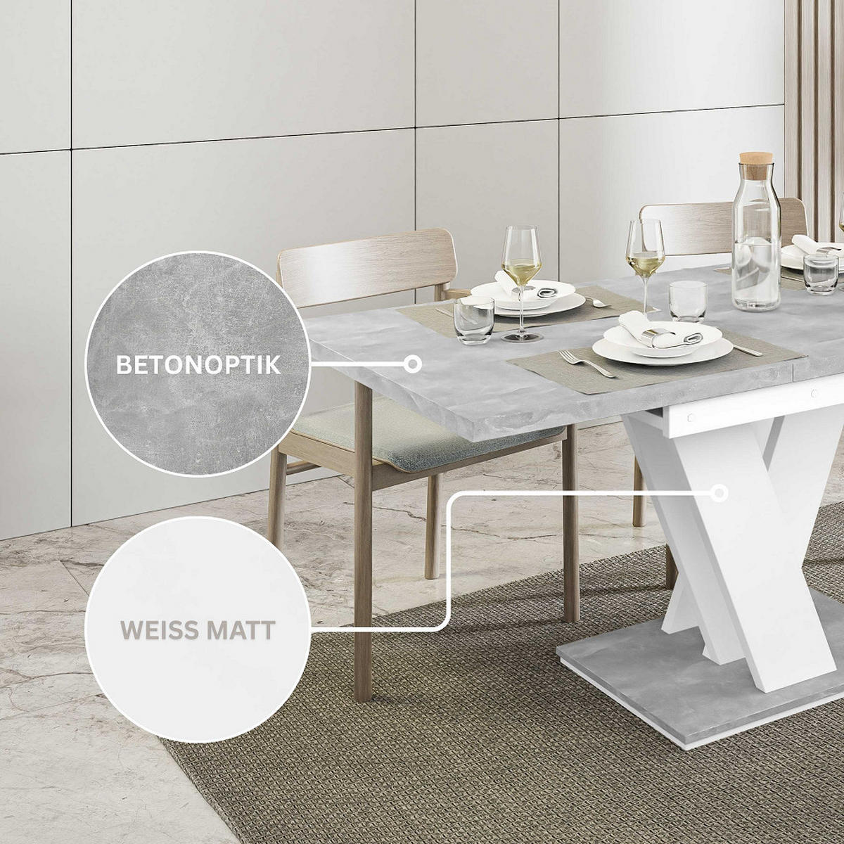 ESSTISCH Grau Betonoptik und Weiß Ausziehbar 120 - 160 cm - Weiß/Grau, Holzwerkstoff (120/80/75cm) - PROSPERO