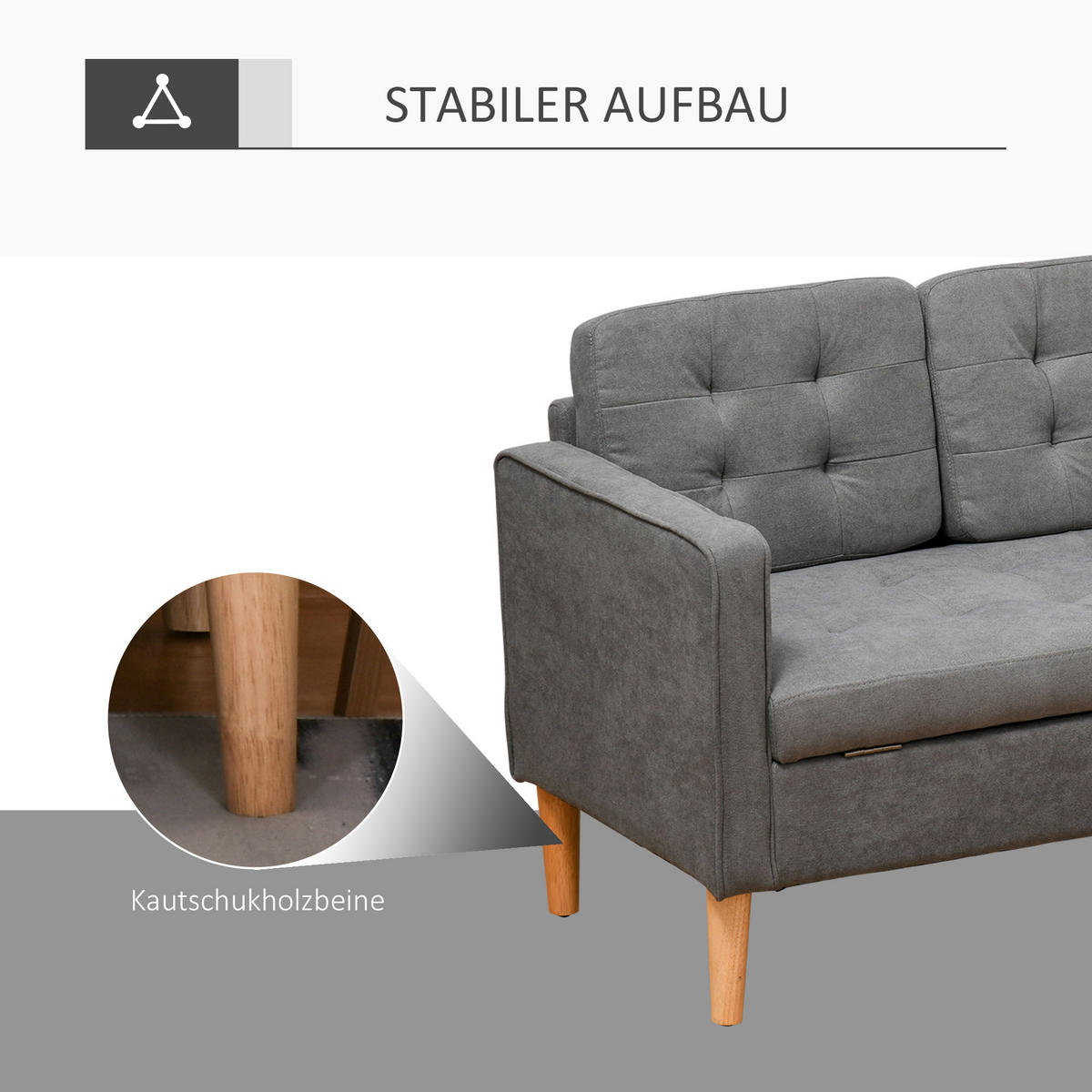 3-SITZER Sofa Stoffsofa Doppelsofa abnehmbar mit Kissen Gummiholz Baumwoll Grau - Naturfarben/Grau, Holz/Textil (62/82/166.5cm) - HOMCOM