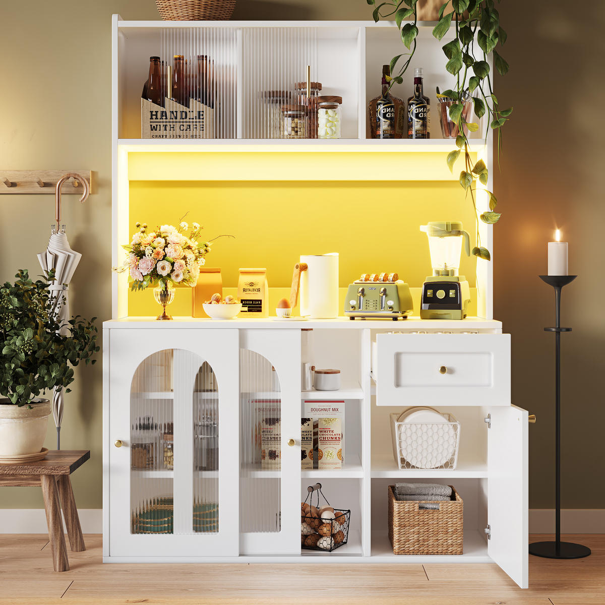 GESCHIRRSCHRANK aus MDF/Spanplatte 120x35x167 cm in Weiß mit LED - Weiß, Holzwerkstoff (120/167/35cm) - Modfu