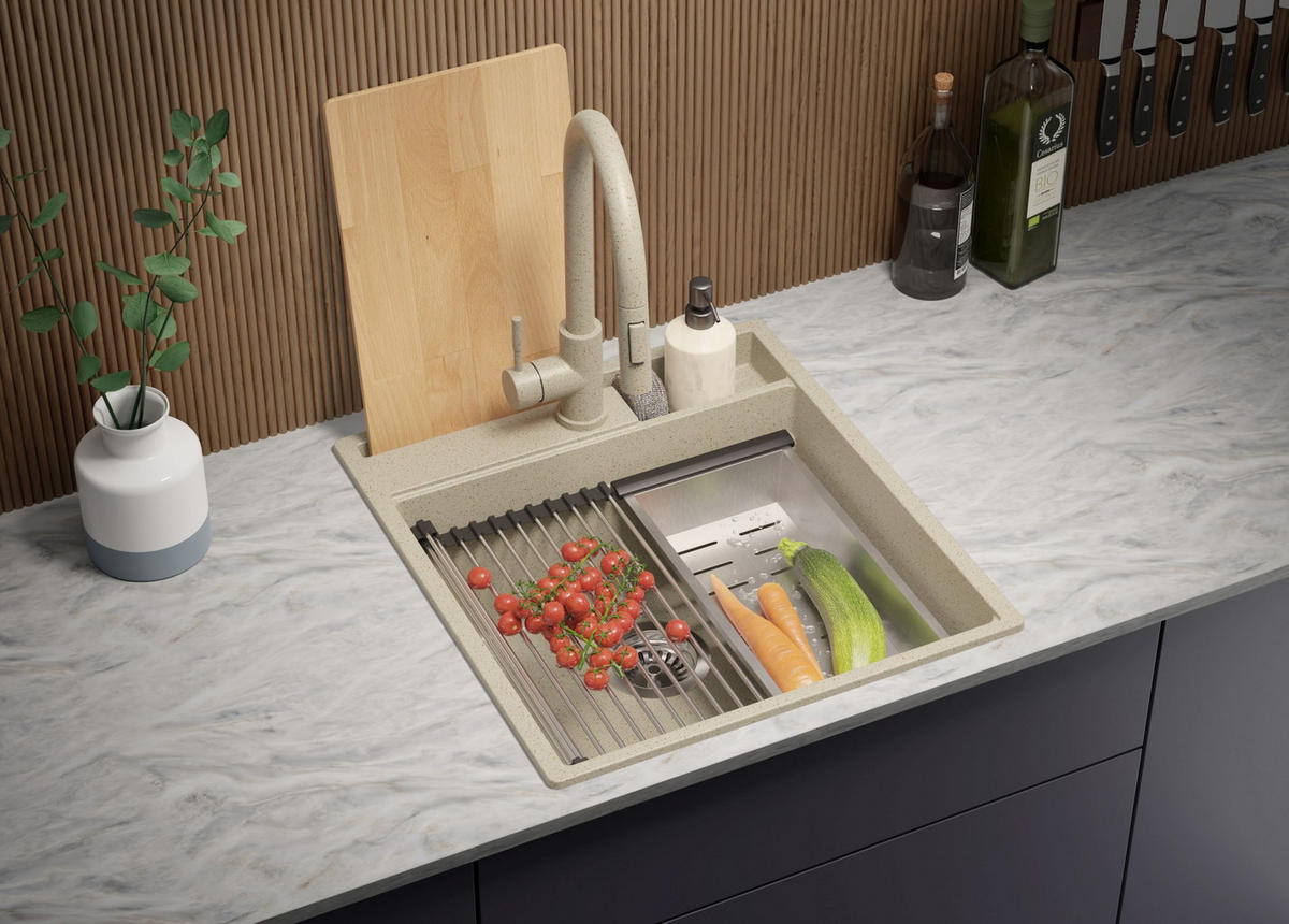 GRANITSPÜLE Oslo Pocket, 2-er set Beige 48/53 cm 1 Becken + Küchenarmatur 40/20 cm + Ablauf-Set + Küchenzubehörset ab 50er Unterschrank - Chromfarben/Beige, Kunststoff (48/20/53cm) - Primagran