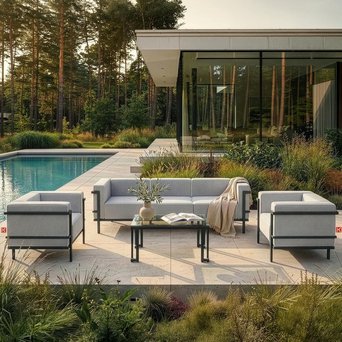 GARTENSOFA TRIGLO 3-Personen, Stahlrahmen, Modern, Dunkelgrau - Dunkelgrau/Weiß, Textil/Metall (229/70/69cm) - KONSIMO®