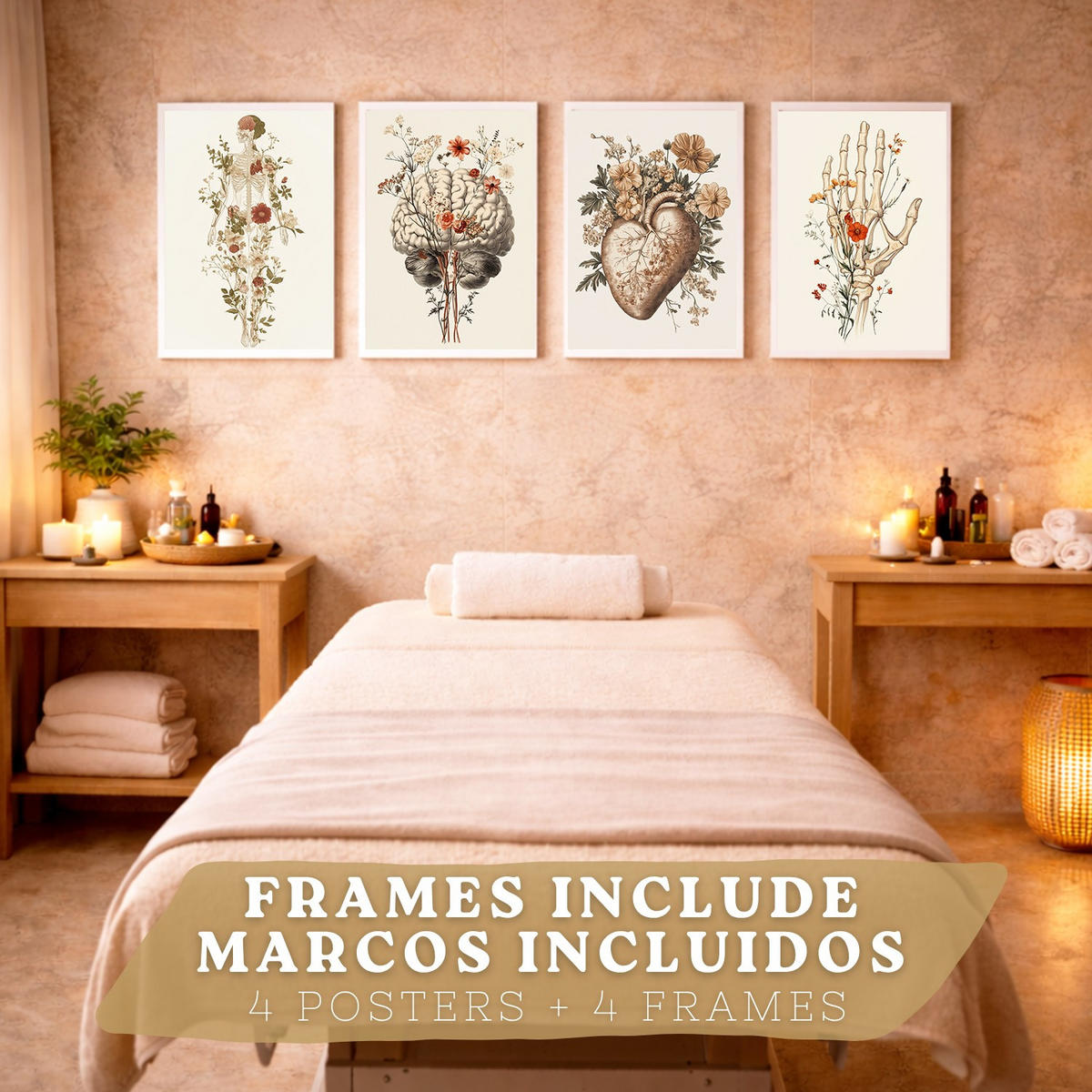 POSTER Set aus 4 Anatomie Mensch Dekorative Drucke und Wandbilder mit Blumen Ganzkörper Gehirn Hand und Herz Stil Größe Weißer Rahmen A3 - Weiß, Papier (29.7/42/3cm) - Nacnic