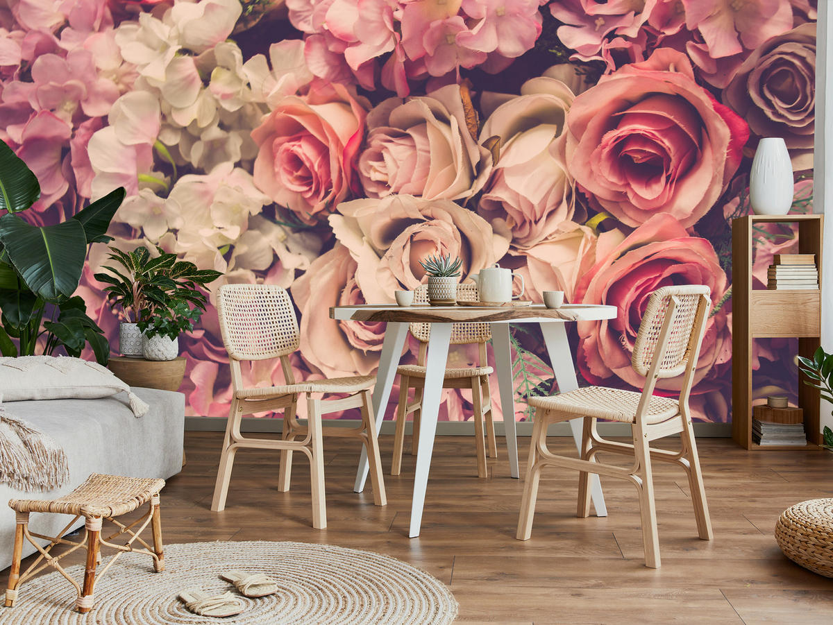 FOTOTAPETE für Schlafzimmer Pinke Rosen Boho Blumen 350x256 - Beige/Violett, Papier (350/256cm) - Muralo