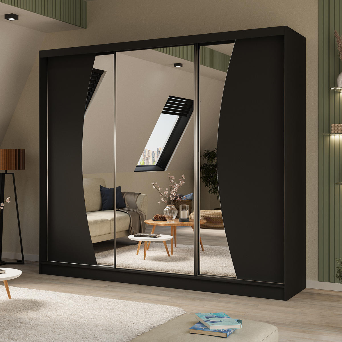 SCHWEBETÜRENSCHRANK Vox 240/216/61 schwarz mit Spiegel und Schubladen - Schwarz, Holzwerkstoff (240/216/61cm) - Beautysofa