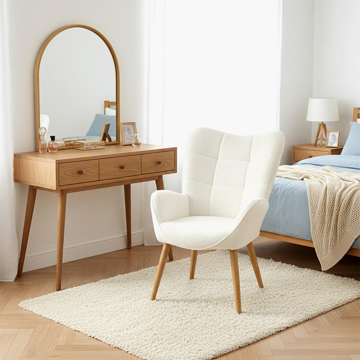 SESSEL, skandinavisch, gepolstert, Bouclé-Bezug in Beige, Metallbeine in Holzoptik - Grau, Textil/Metall (42/73/50cm) - Meubles Cosy