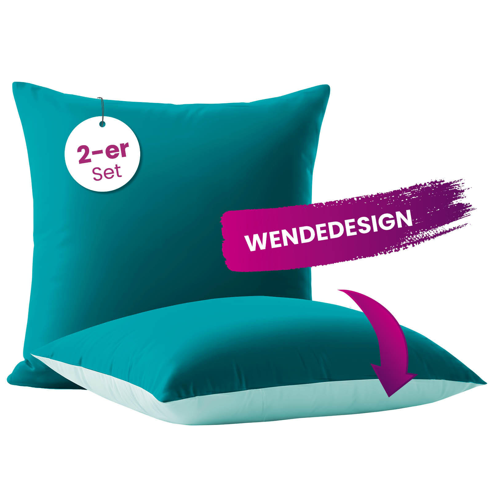 MICROFASER Kissenhüllen Bi-Color im Wende-Design 2er Set türkis 80x80 - Türkis, Textil (80/80cm) - wometo