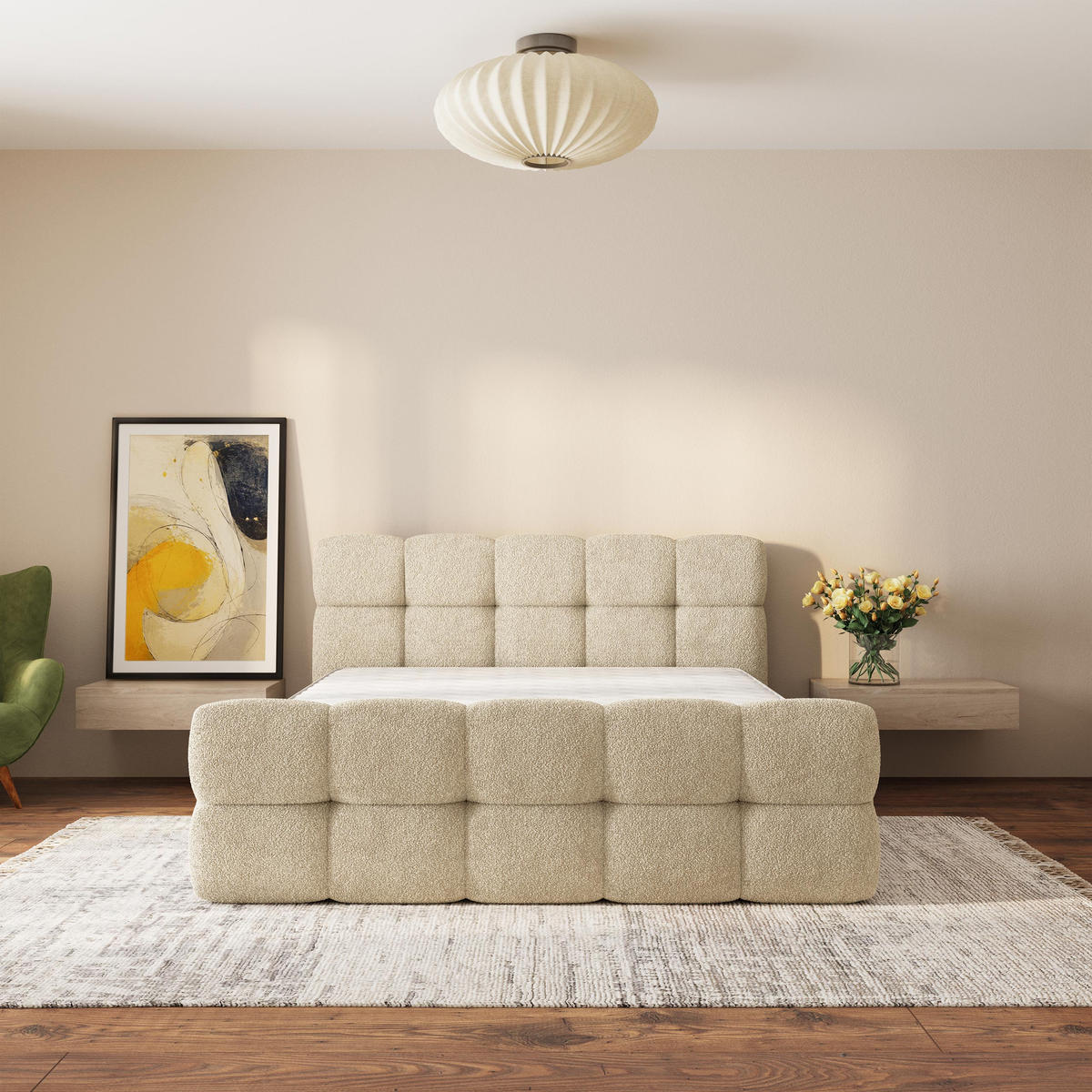 ČALOUNĚNÁ POSTEL ELIZJA 180x200 cm, s úložným prostorem, Krémová - QUELLE 02 - krémová, dřevo/textil (180/200cm) - MASSENO