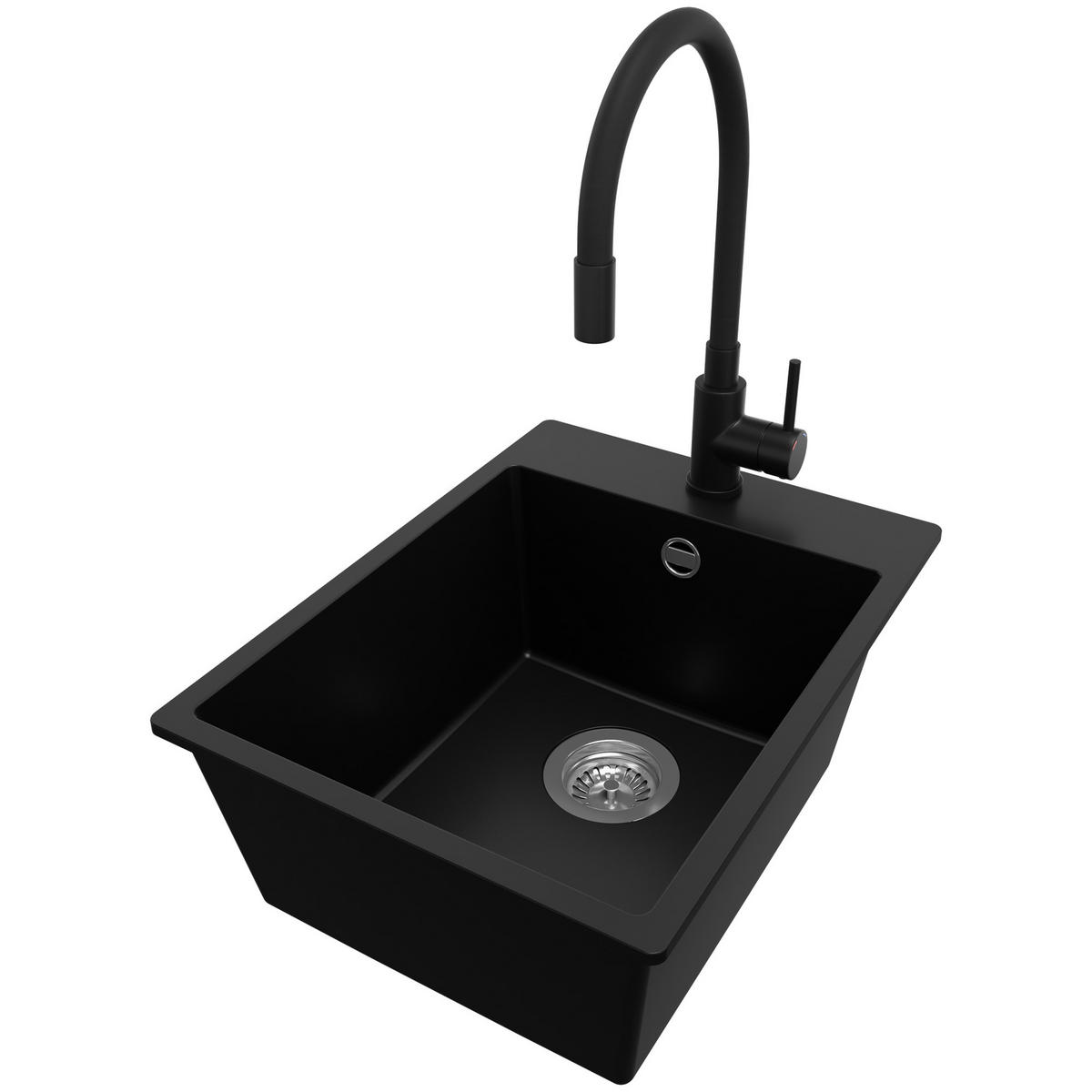 GRANITSPÜLE Riga, 2-er set Schwarz 38/50 cm 1 Becken + Küchenarmatur 40/38 cm + Ablauf-Set ab 40er Unterschrank - Chromfarben/Schwarz, Kunststoff (38/20/50cm) - Primagran