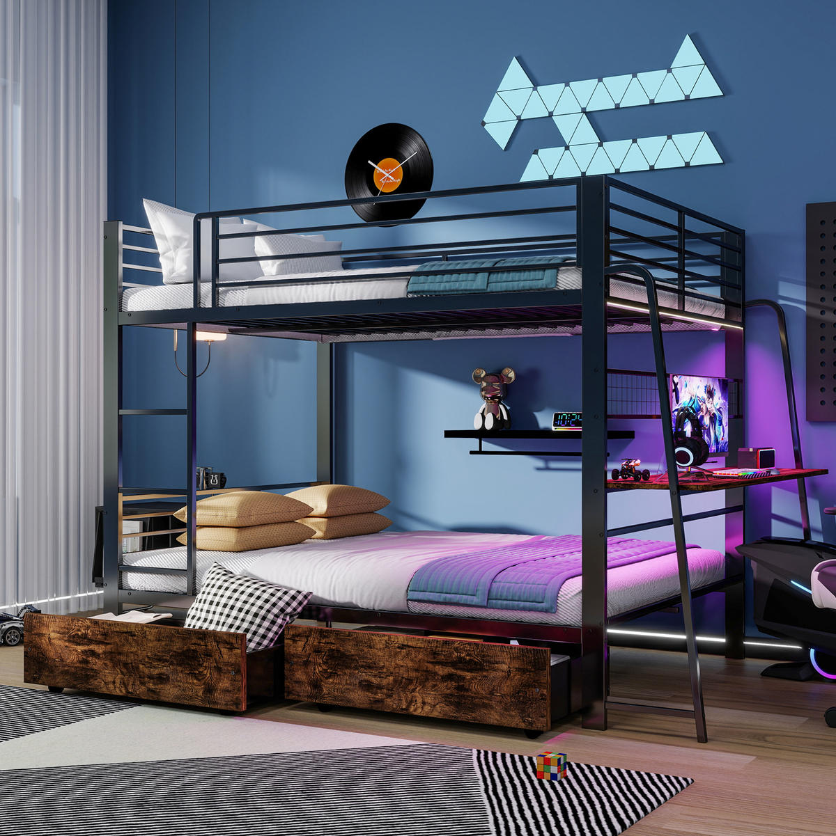 HOCHBETT aus Metall und MDF 140x200 cm Schwarz mit Schreibtisch, RGB-LED-Beleuchtung und Stauraum - Schwarz, Holzwerkstoff (140/200cm) - Modfu