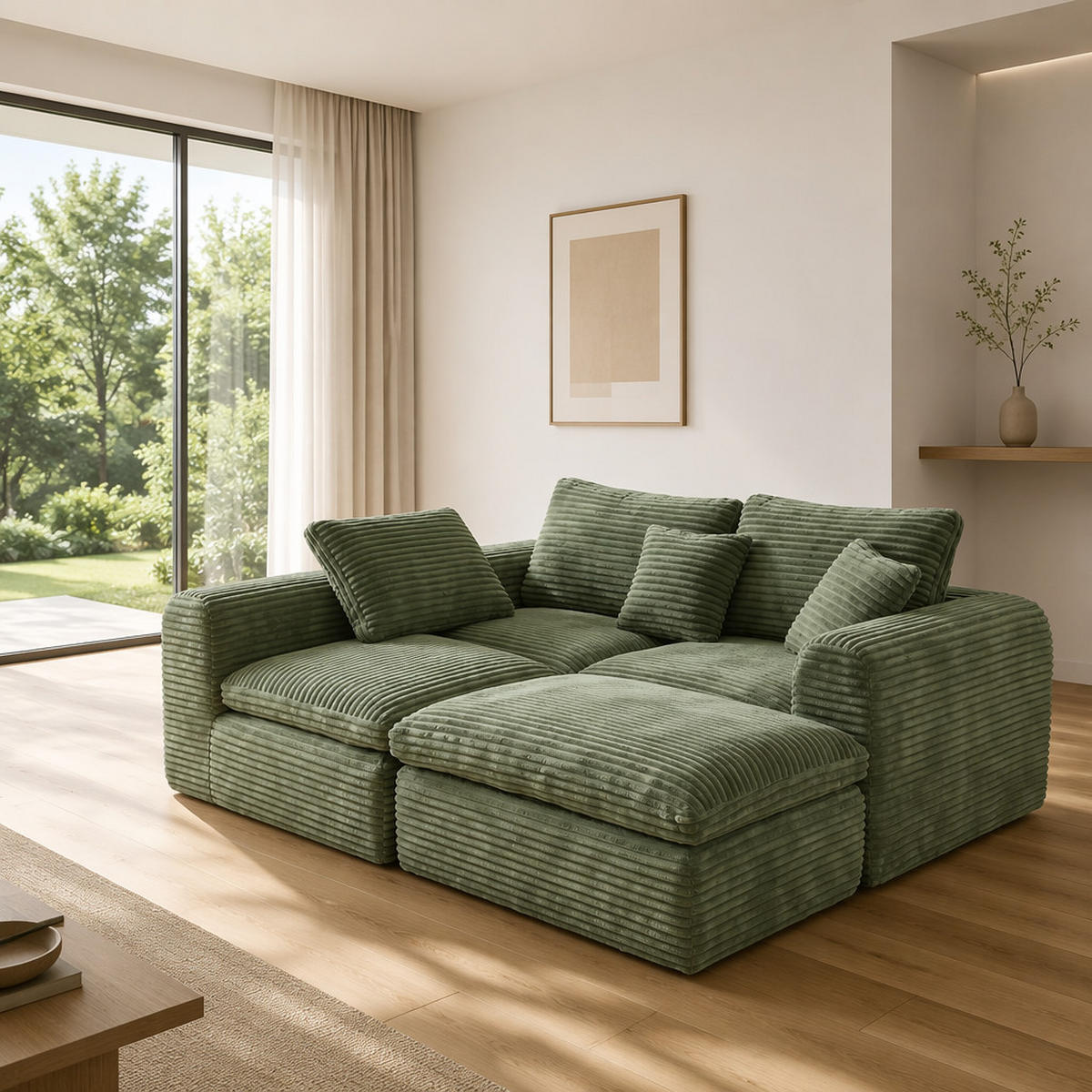 ECKSOFA 280/180/65 cm Grün Cord mit 1 Fußhocker - Grün, Textil (180/280cm) - Oxeza