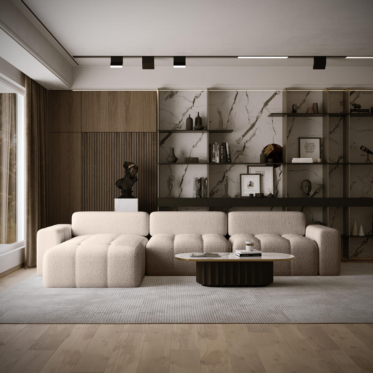 ECKSOFA Bouclé-Stoff 8 Sitzer Bornum So, Beige - Beige, Textil (346/170cm) - Meblito