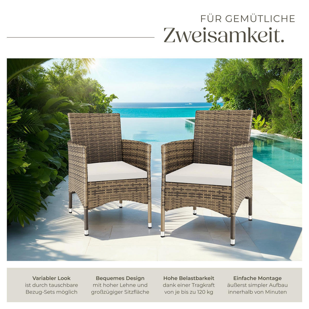 RATTANSTUHL 2er Set Nantes,59 x 57 x 85 cm,natur/dunkelgrau - Naturfarben, Kunststoff (57/85/59cm) - tectake