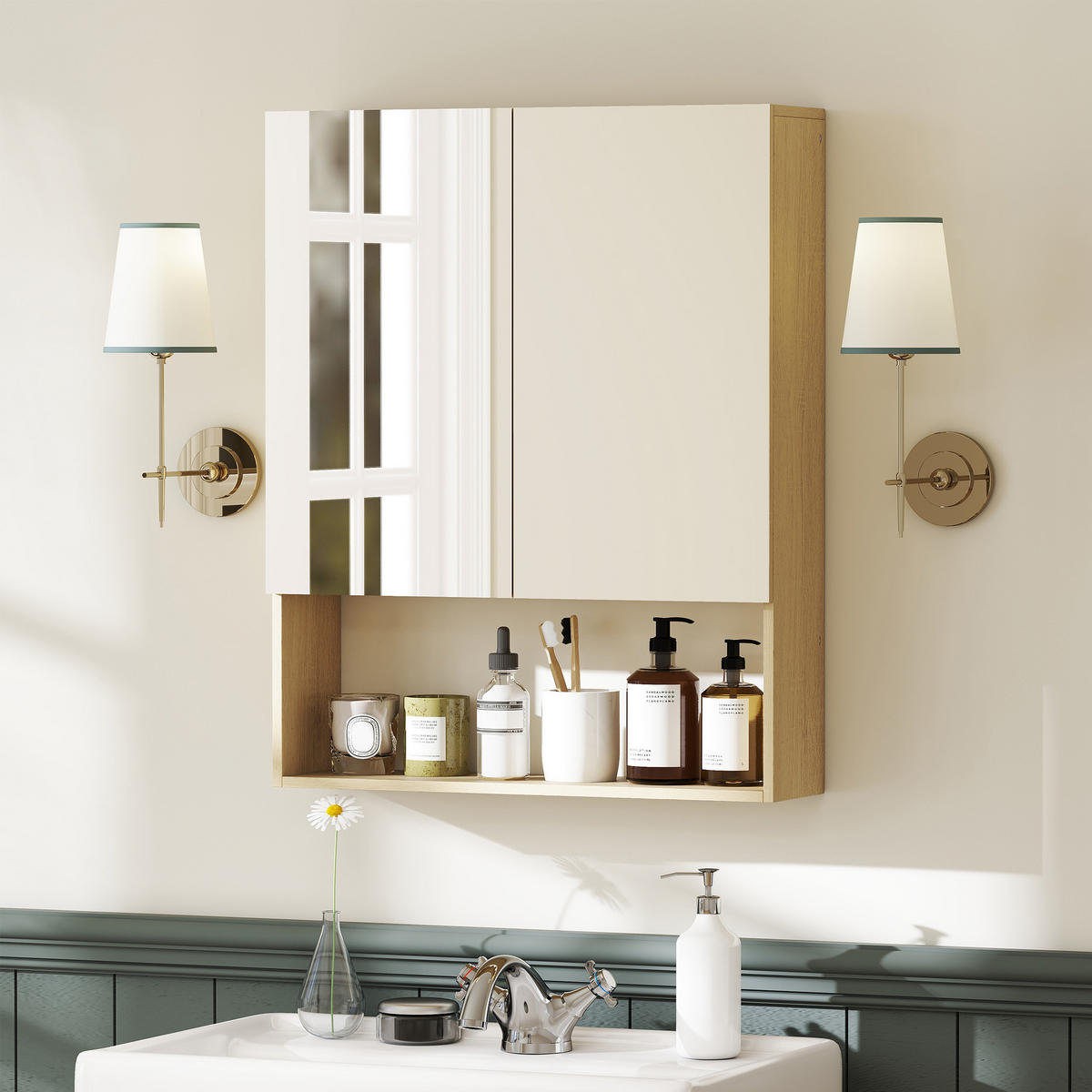 SPIEGELSCHRANK Bad, Badezimmerschrank mit Spiegel Soft-Close, Badschrank Eiche - Eichefarben, Glas/Holzwerkstoff (16.6/75/60cm) - HOMCOM