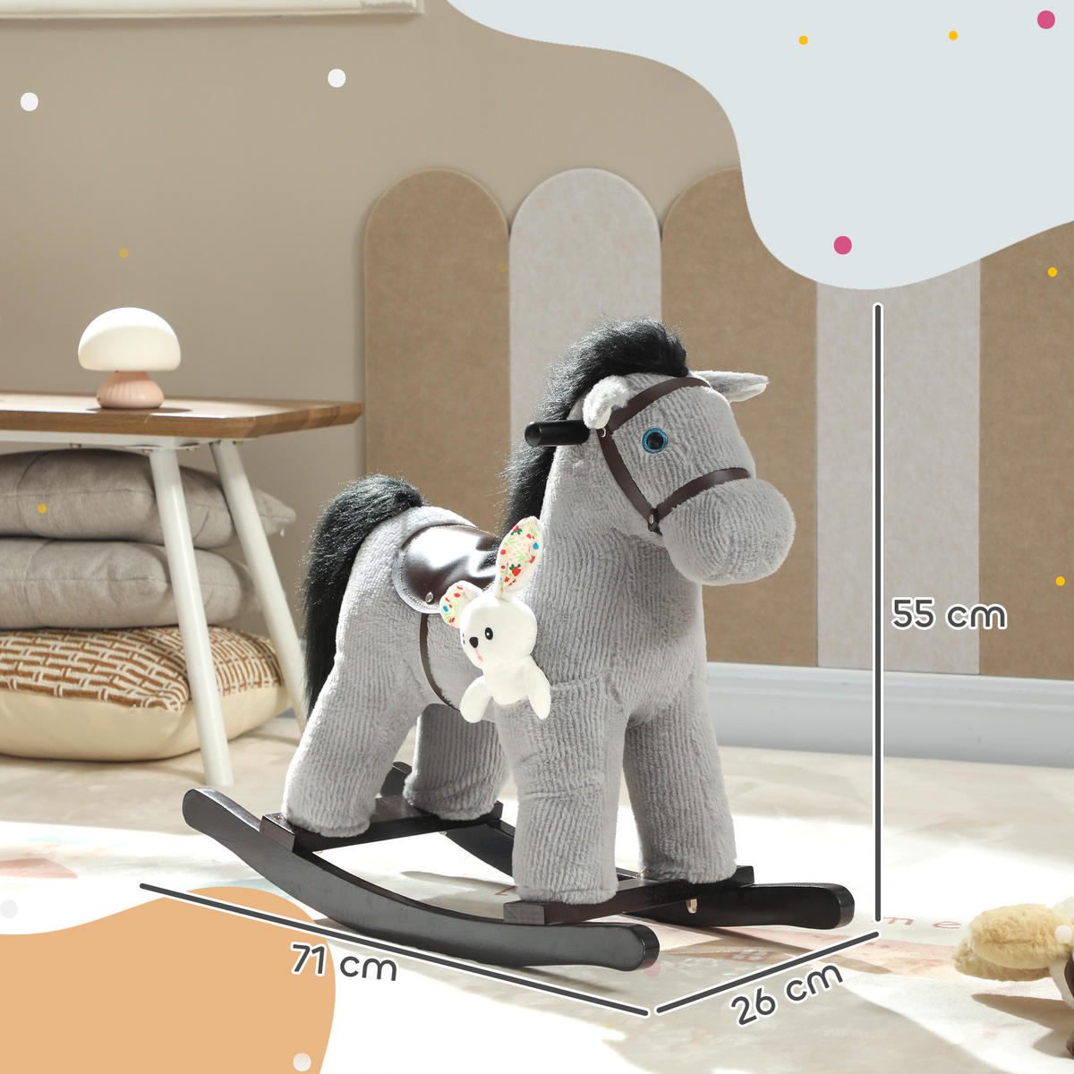 SCHAUKELPFERD DE-18250 mit Sound & Stoffpuppe, grau - Grau, Textil (26/55/71cm) - ComfortXL