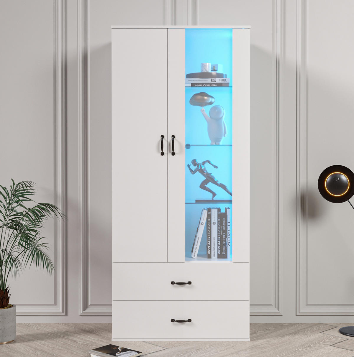 HIGHBOARD 59,5/35/182 cm in Weiß mit LED-Beleuchtung und Stauraum - Weiß, Holzwerkstoff (59.5/182/35cm) - Flora Grace