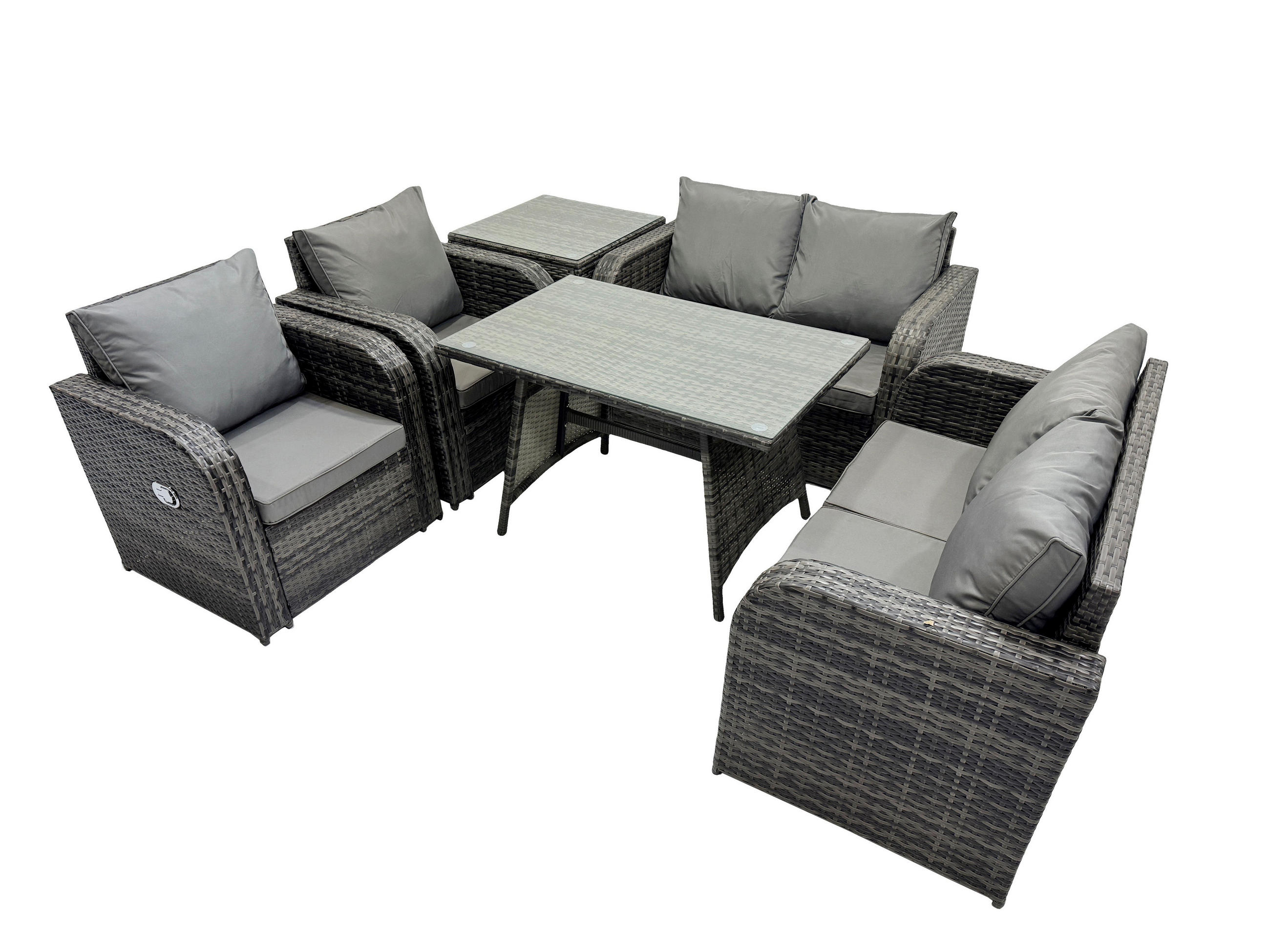 BALKONSET mit ESSTISCH SOFA Polyrattan Dunkelgrau 6-Sitzer - Dunkelgrau/Grau, Glas/Kunststoff - Fimous