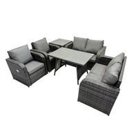 BALKONSET mit ESSTISCH SOFA Polyrattan Dunkelgrau 6-Sitzer - Dunkelgrau/Grau, Glas/Kunststoff - Fimous