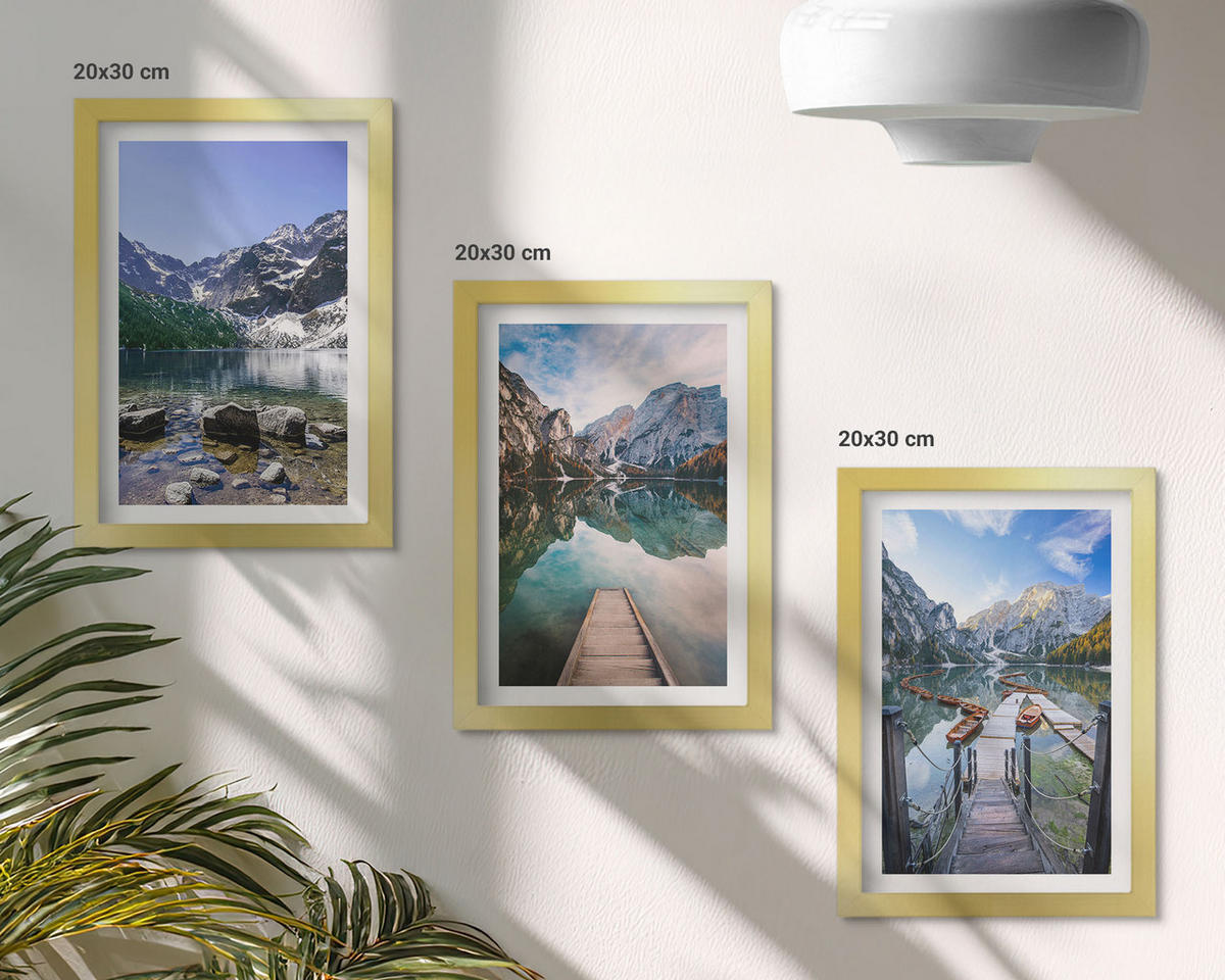 BILDER SET 3er Set - 20x30 cm Goldrahmen - Berge, Seen, Holzstege - Goldfarben, Kunststoff (20/30cm) - TULUP