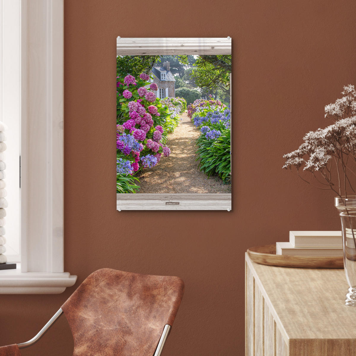 ACRYLGLASBILD Hortensie - Ansicht - Blumen - Sommer - Lila - Weg 40x60 cm - Lila, Glas (40/60cm) - MuchoWow