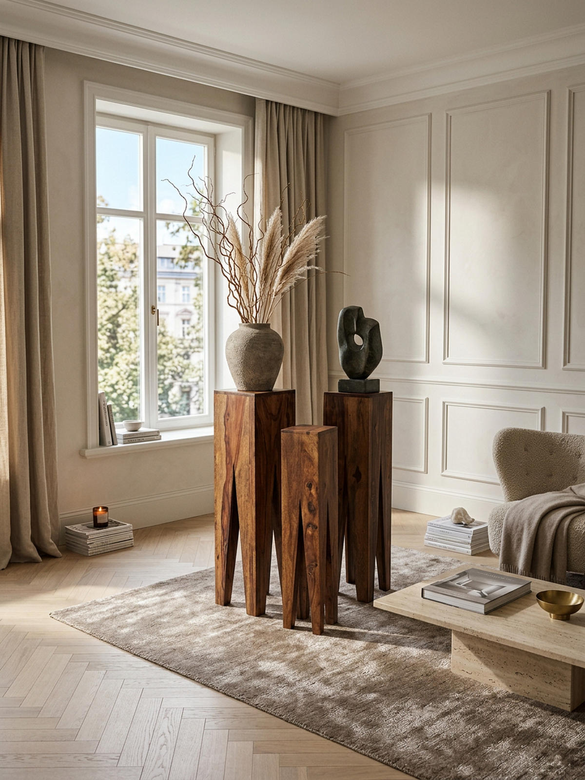 BEISTELLTISCH 3er Set Massivholz Handgefertigt Giraffenbeine, Braun 25x25x100 cm - Braun, Holz (25/25/100cm) - KADIMA DESIGN