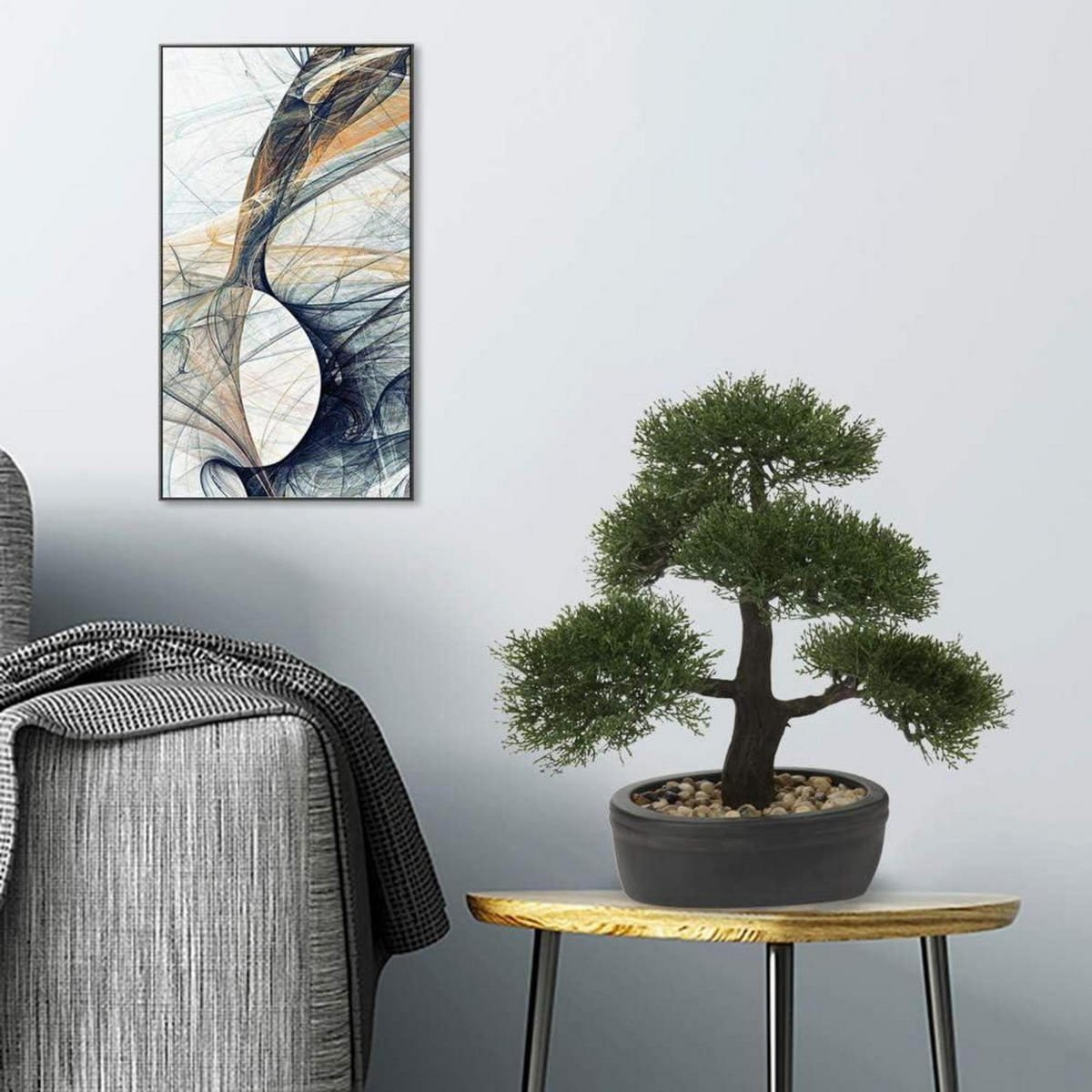 KUNSTBONSAI Zeder mit Keramik-Übertopf Schwarz 36 cm - Grün, Kunststoff (36cm)