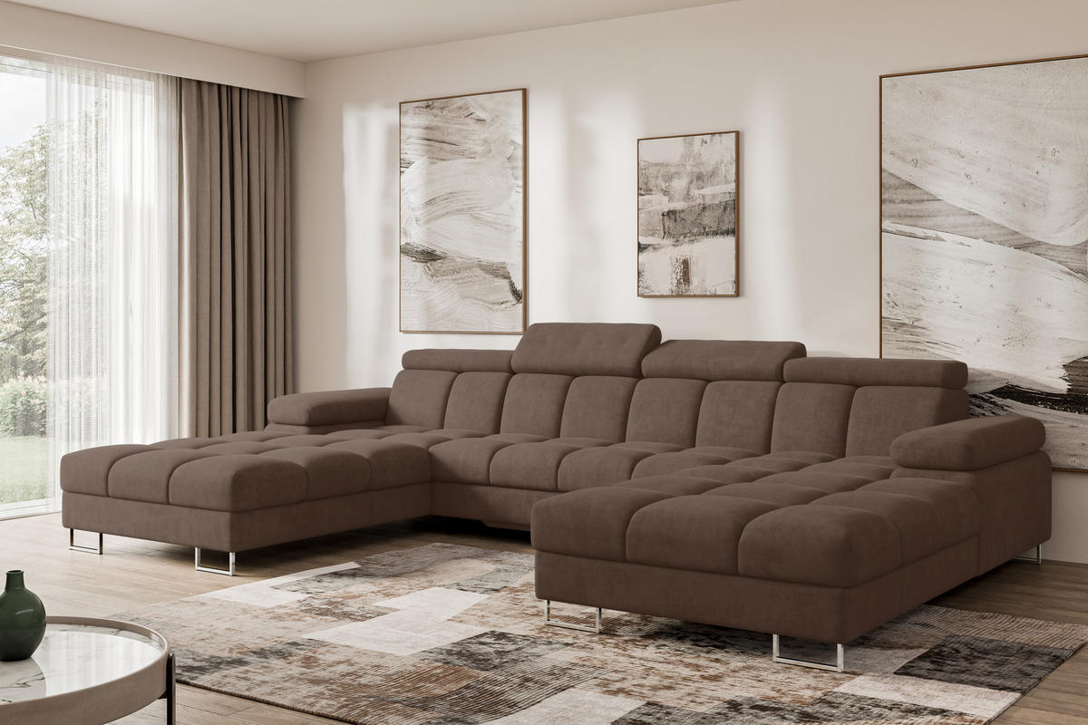 WOHNLANDSCHAFT mit Schlaffunktion und Bettkasten COMA U2 345x203x79 Braun Velours - Braun, Holzwerkstoff/Textil (345/79/203cm) - ALTDECOR