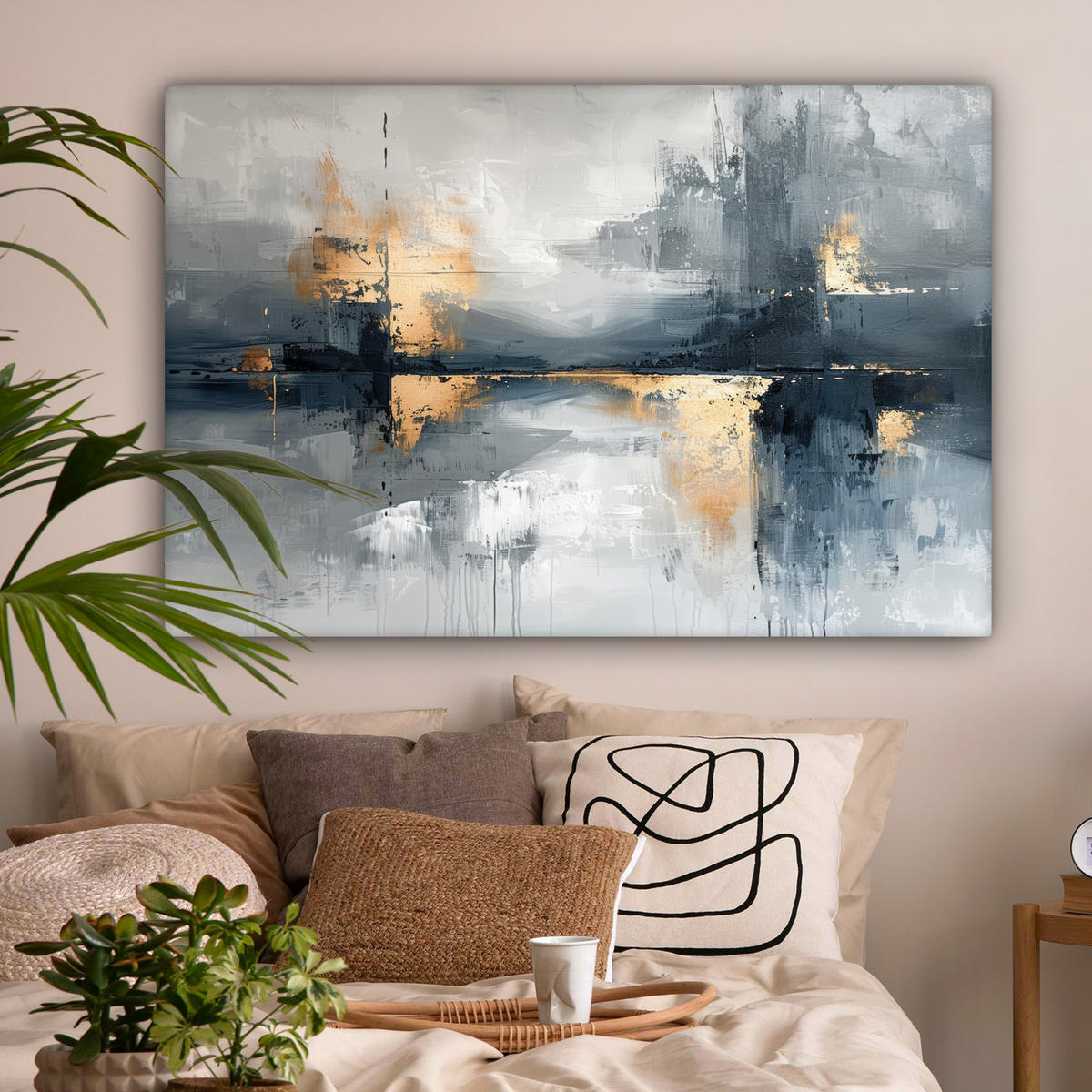 LEINWANDBILD Kunst - Grau - Gold - Abstrakt Wohnzimmer Groß 120x80 cm - Dunkelgrau, Textil (120/80cm) - MuchoWow