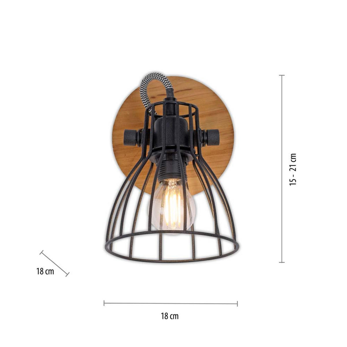 LED WANDLEUCHTE Holz Braun Schwarz Metallgitter - Schwarz, Holz (18/21/18cm)