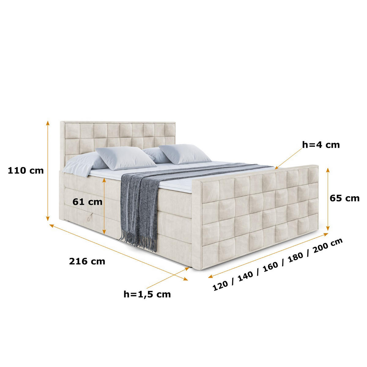 BOXSPRINGBETT ZAFIRA KING - 120 x 200 - H3/H4 - Ecru - Ecru, Holzwerkstoff (120/200cm) - ALTDECOR