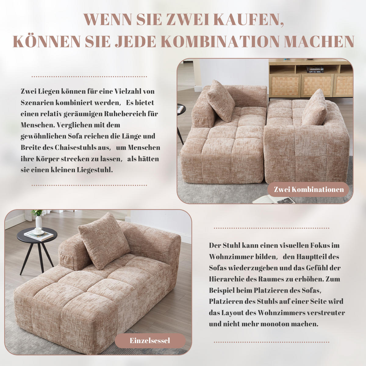 RÉCAMIERE Chenille Khaki mit Kissen und Stauraum - Hellbraun, Textil (158/60/90cm) - WISHDOR