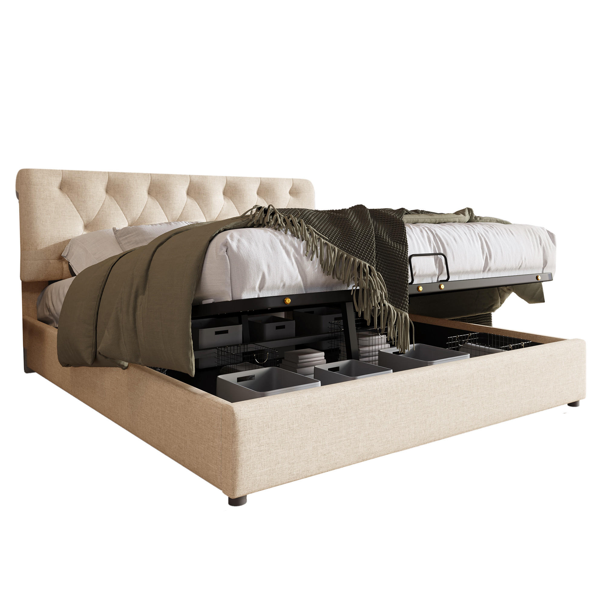 BETT mit Bettkasten und verstellbarem Kopfteil 140x200 cm Leinen Natur - Beige, Metall (140/200cm) - Meubliv