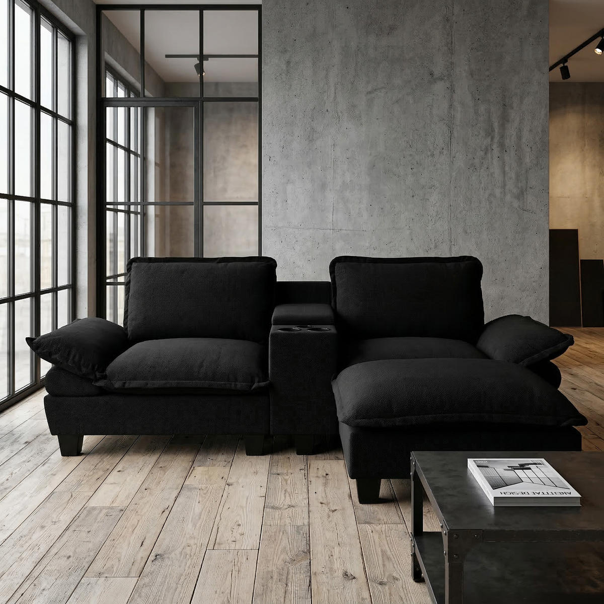 ECKSOFA 224/155/90 cm Schwarz mit Getränkehaltern, Stauraum, USB-Anschluss, 1 Ottomane und 2 Kissen - Schwarz, Textil (224/151cm) - Oxeza