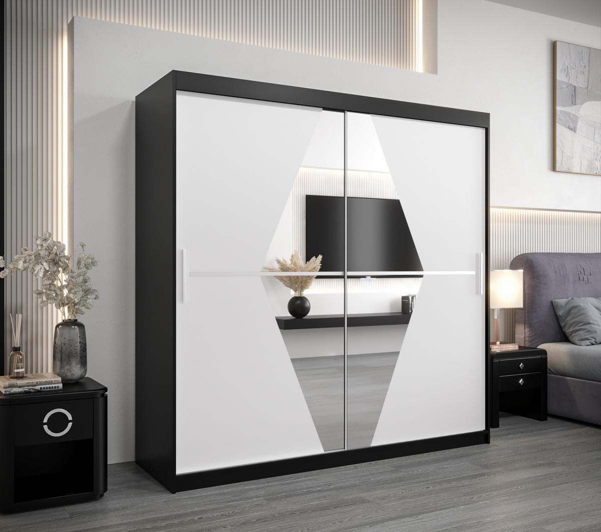 SCHWEBETÜRENSCHRANK 200/200/62 2-türig - Silberfarben/Schwarz, Holz/Kunststoff (200/200/62cm) - Abiks Möbel