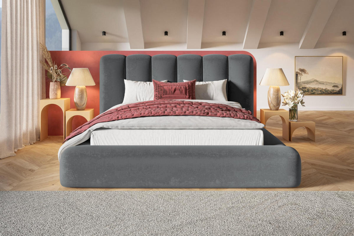 BETT 120x200 - Polsterbett mit Bettkasten und Holzrahmen - Modern Bett - Eleganter Jasmine-Stoff - Kollektion Alva Maxi - Grau - Grau, Holz/Textil (120/200cm) - Alpi-Möbel