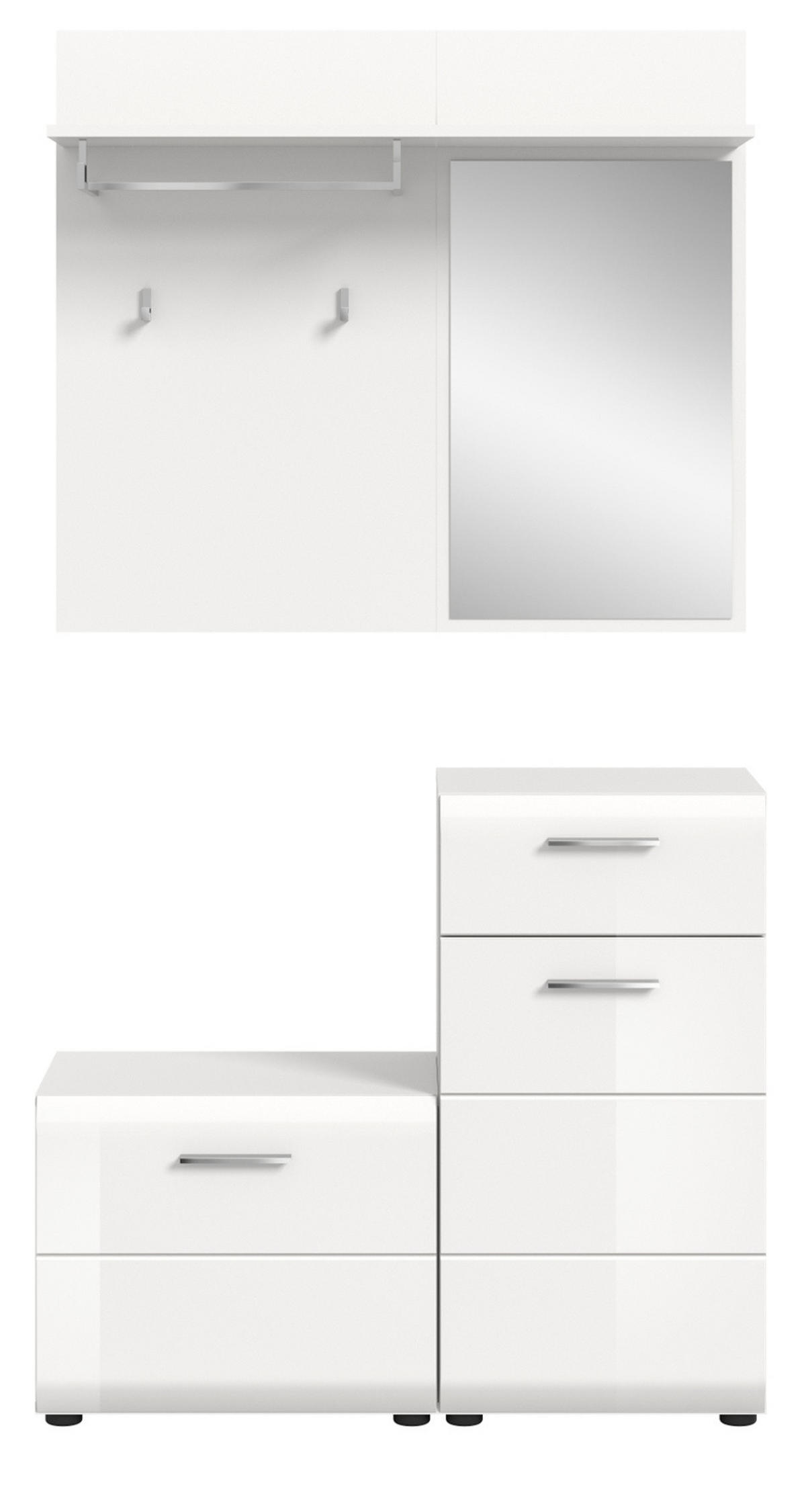 GARDEROBE Set 3-teilig weiß Hochglanz 98 cm, Flurgarderobe komplett-Set, Breite 98 cm - Weiß Hochglanz/Silberfarben, Holzwerkstoff/Kunststoff (98/190/191cm) - Inn.Furn