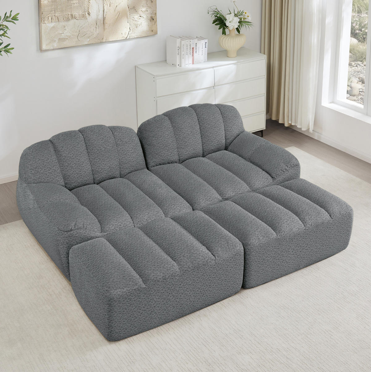 SOFA 210/165/79 cm in Grau aus granuliertem Fleece mit Ottoman - Grau, Textil (165/79/210cm) - Flora Grace