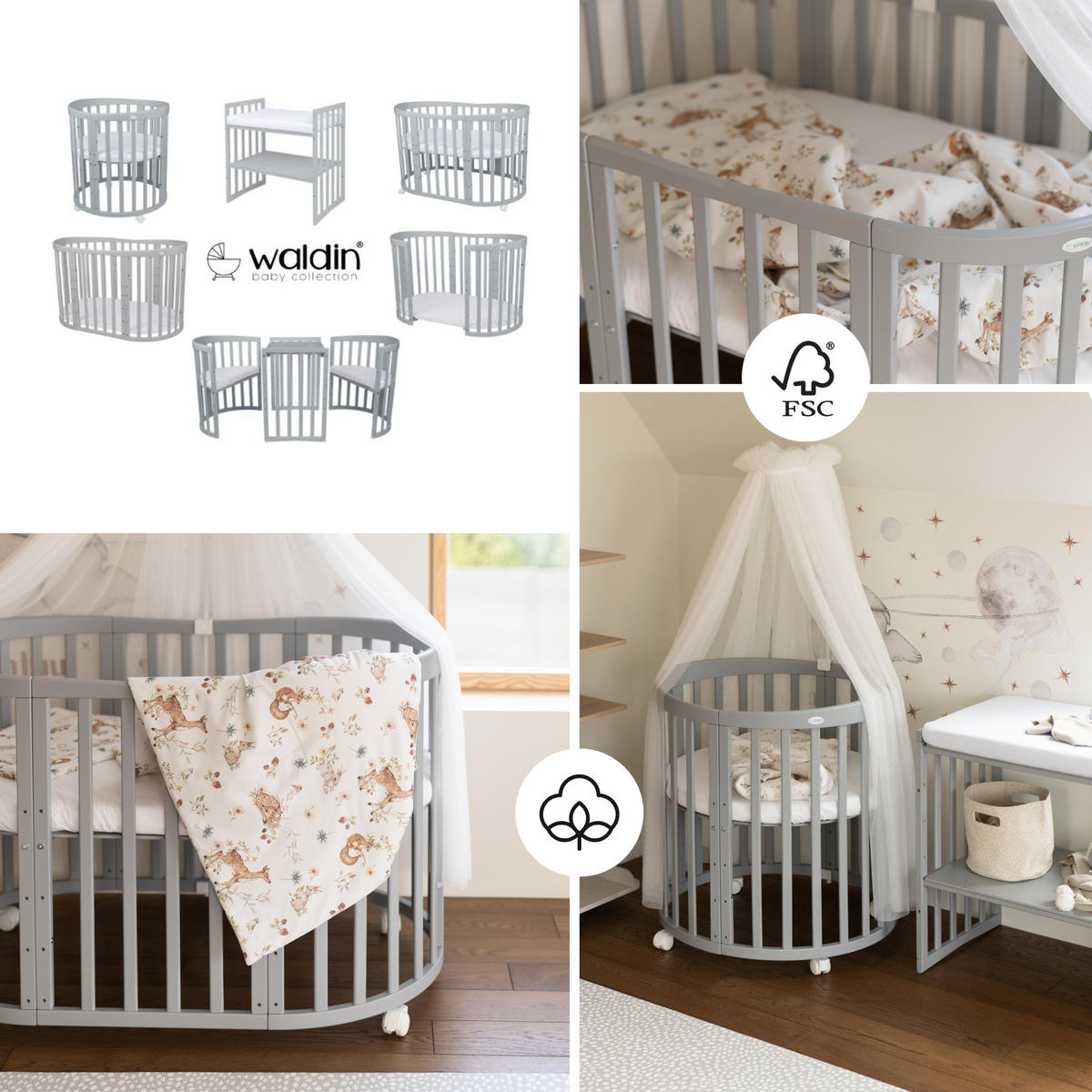 BABYBETT GREY OVAL 7in1 mit Matratze und Himmelset - Multicolor/Grau, Holz/Textil