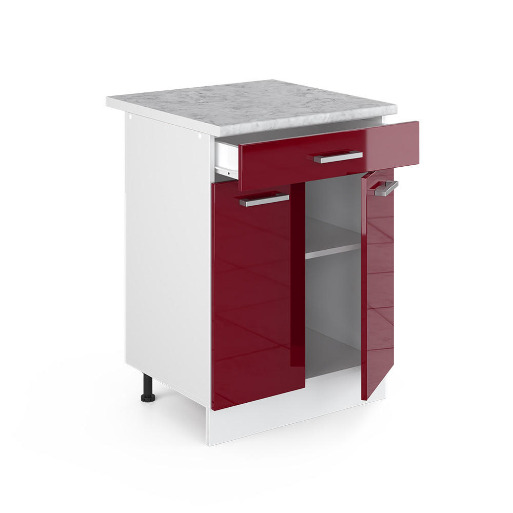 KÜCHENUNTERSCHRANK R-Line Rot Hochglanz 60 cm mit Schublade, AP Marmor - Rot/Weiß, Holzwerkstoff (60/81.6/60cm) - Vicco