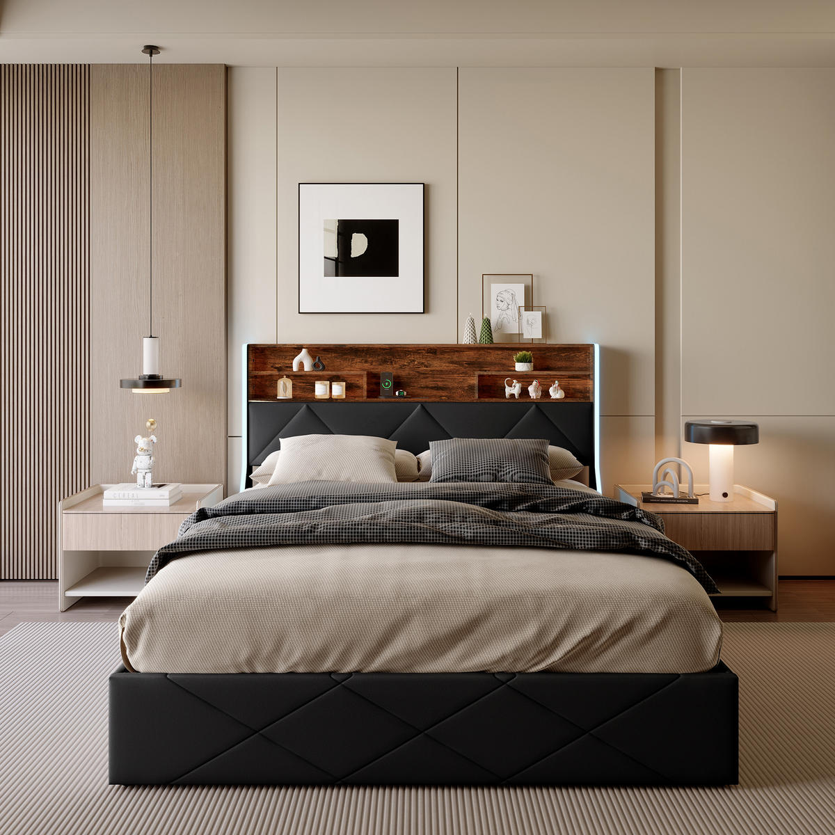 POLSTERBETT 160/200 cm Schwarz mit Bettkasten, LED-Beleuchtung, Kopfteil mit Ablage und USB-C/USB-Anschluss - Schwarz, Metall (160/200cm) - EuroLiving