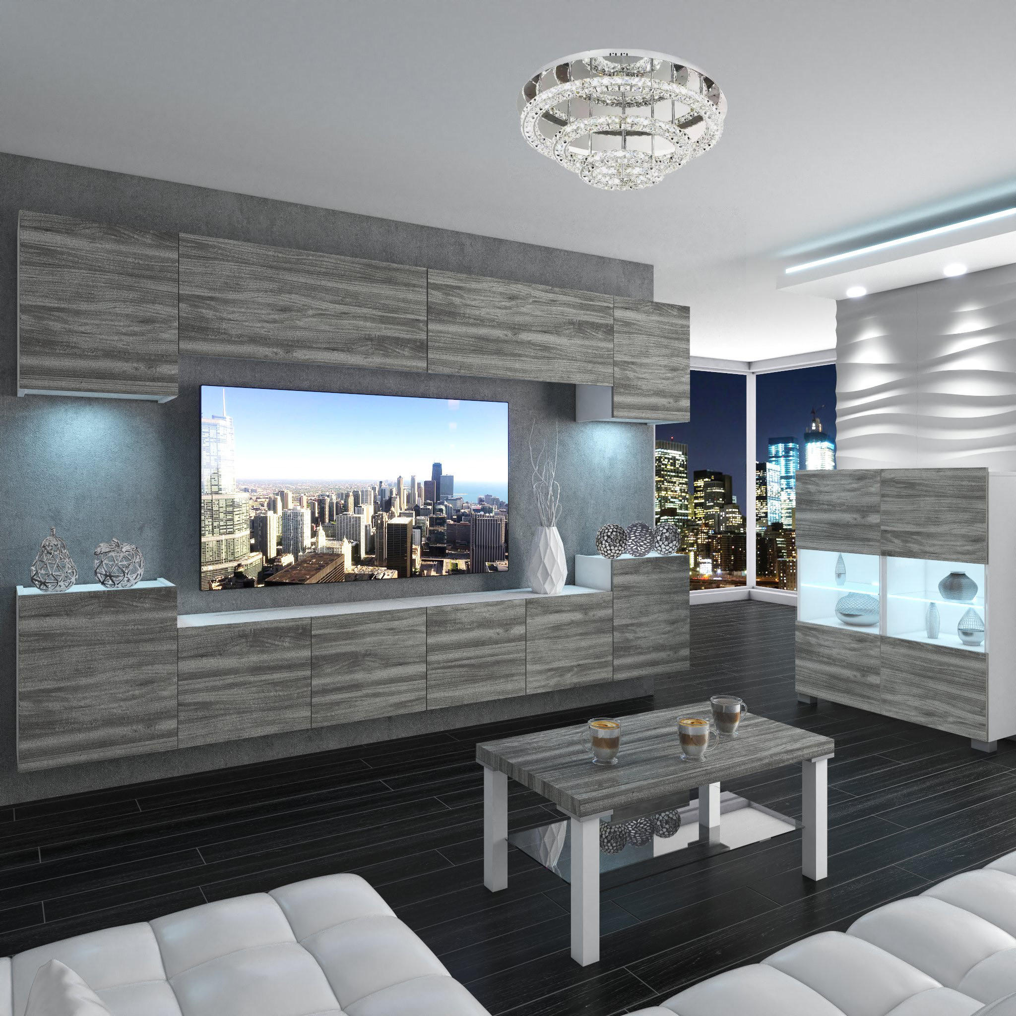 WOHNZIMMERWAND Schrankwand mit LED Glamour Holz - Grau, Holz (300/180/36cm) - B BELINI GROUP