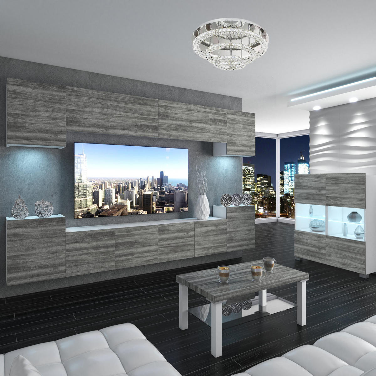 WOHNZIMMERWAND Schrankwand mit LED Glamour Holz - Grau, Holz (300/180/36cm) - B BELINI GROUP