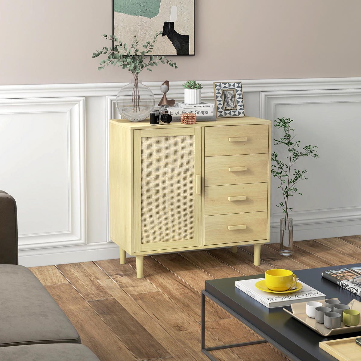 SIDEBOARD Naturfarben, 1 Tür, 4 Schubladen, 80/38/80,5 cm - Naturfarben, Holz (80/80.5/38cm) - PANGIVO