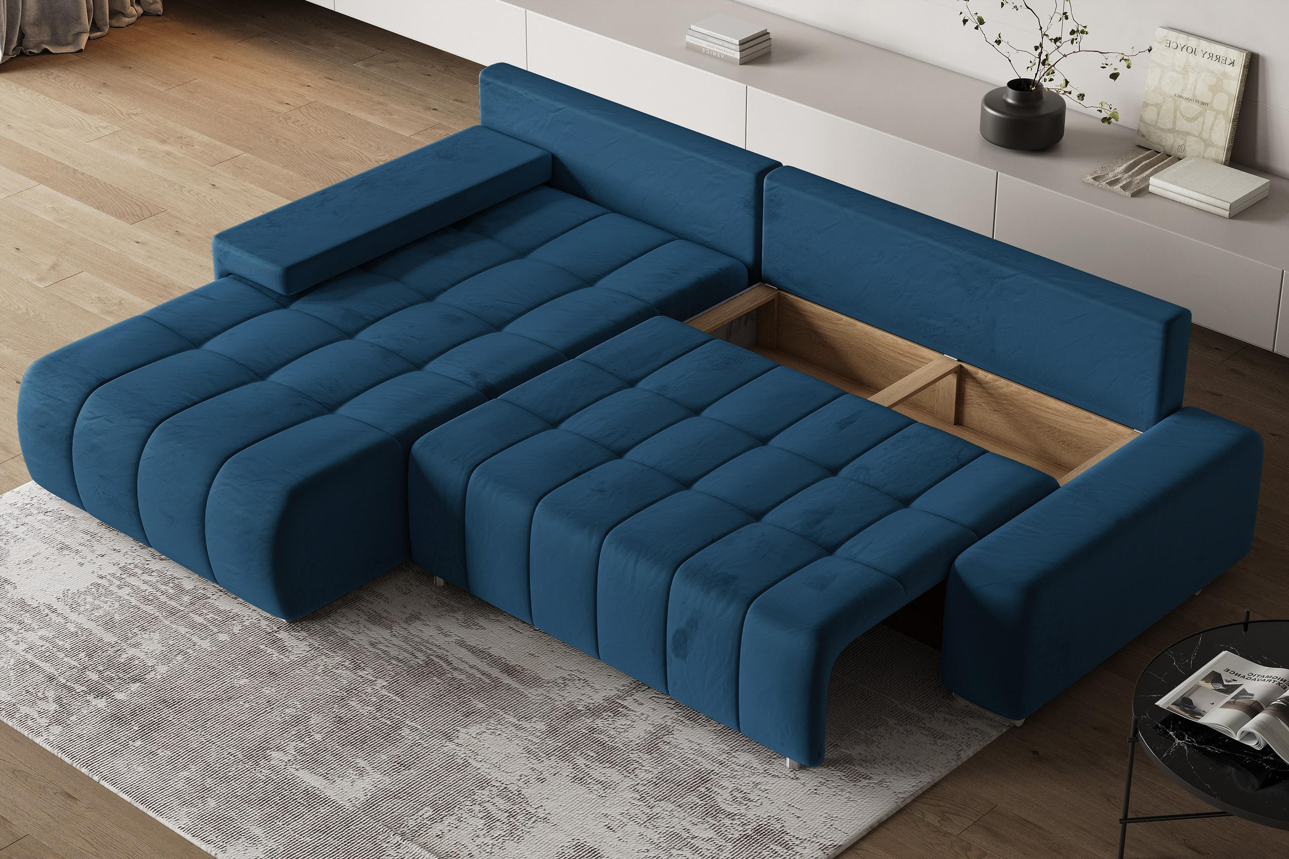 ECKSOFA ALESE L-S Blau Velours-Stoff mit Schlaffunktion - Blau, Holz (265/185cm) - MASSENO