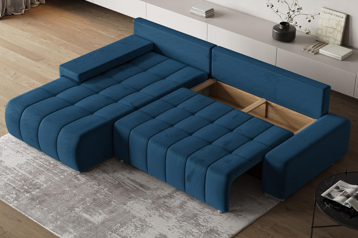 ECKSOFA ALESE L-S Blau Velours-Stoff mit Schlaffunktion - Blau, Holz (265/185cm) - MASSENO