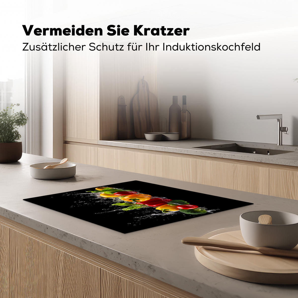 HERDABDECKPLATTE Paprika - Wasser - Gemüse - Schwarz Herdabdeckung Induktionsfeld 65x52 cm - Multicolor, Kunststoff (65/52/0.2cm) - MuchoWow