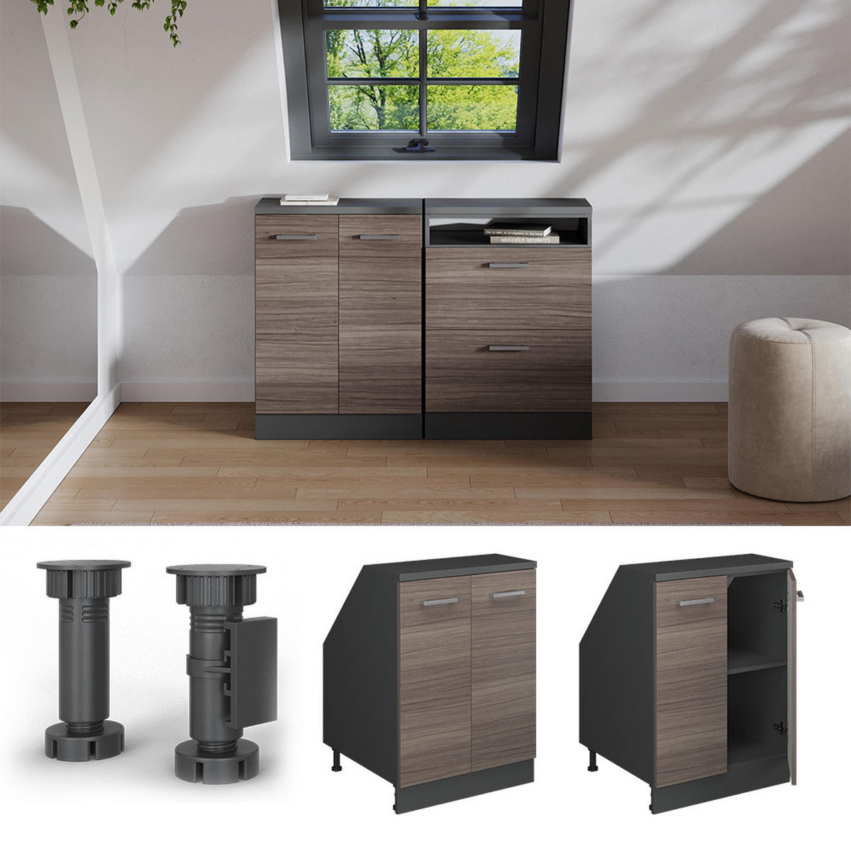 ORMARIĆ ZA KOSI KROV S VRATA Rion Plemenita Siva 60 x 81.6 cm s 2 vrata, korpus ormara dubine 60 cm - siva/antracit, drvni materijal (60/83.8/60cm) - Vicco